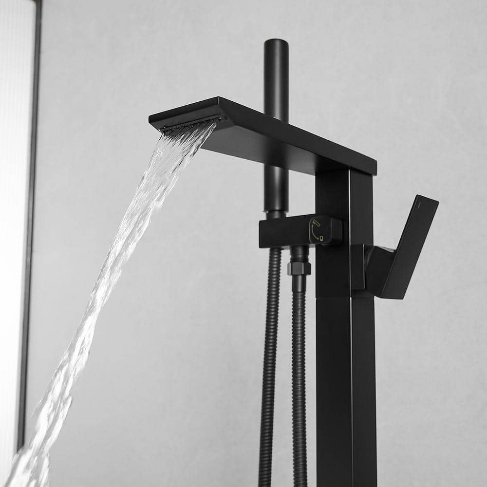 Matte Black Solid Brass Freestanding Tub Faucet with Handheld Shower