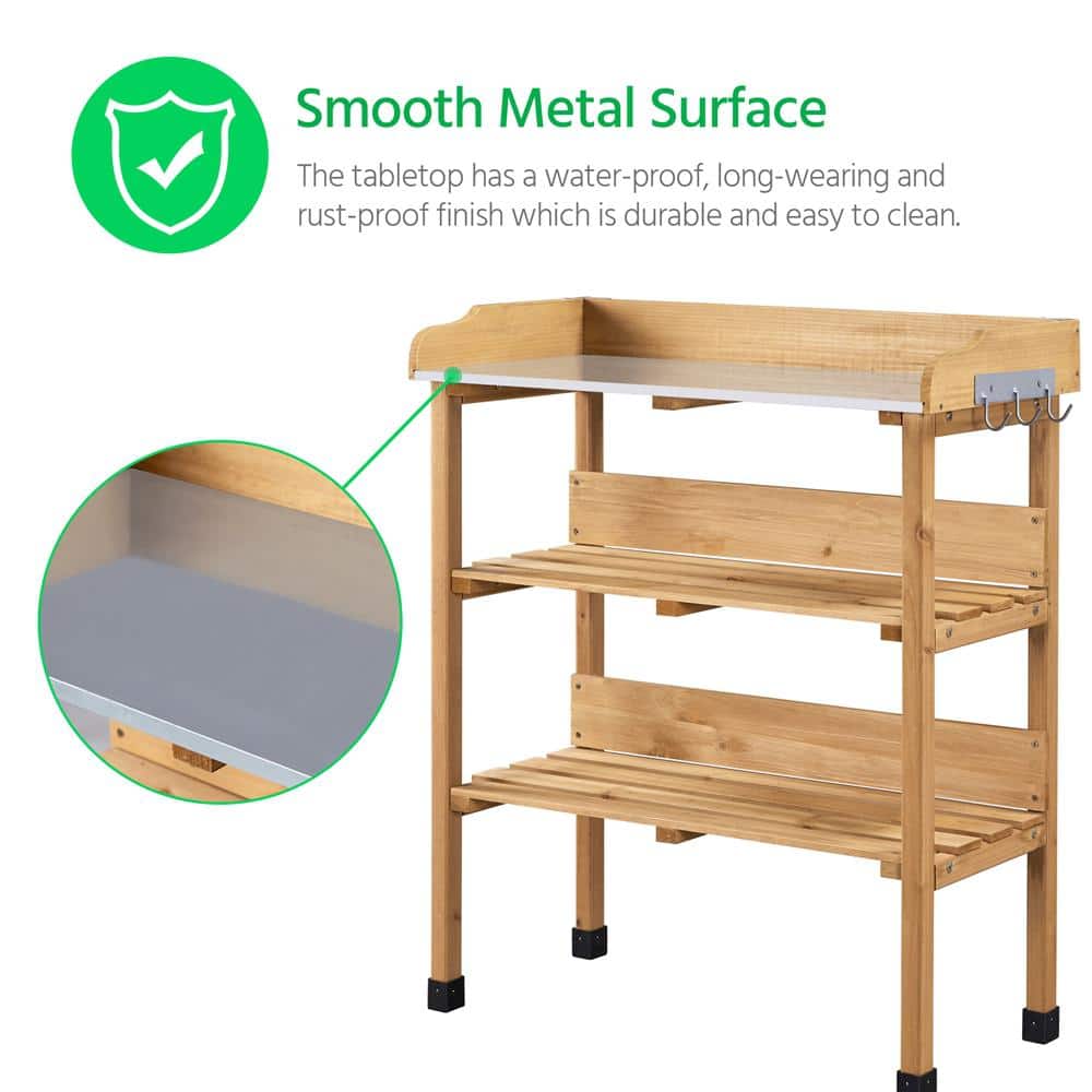 Natural Wood Outdoor Potting Bench with Storage Shelves