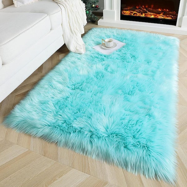 Light Blue 3 ft. x 5 ft. Sheepskin Faux Furry Cozy Area Rug