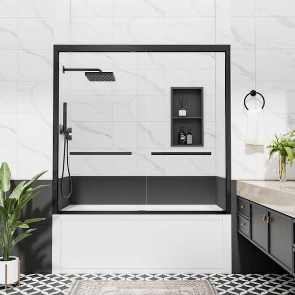 56-60 in. W x 58 in. H Double Sliding Framed Tub Door in Matte Black with Clear Tempered Glass