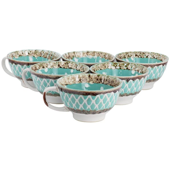 Meritage Otis 27 fl. oz. Turquoise Stoneware Soup Bowl Set of 6 with Handles