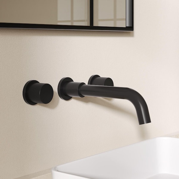 Wall Mount Bathroom Faucet with 2 Handles, Pop-Up Drain, 360° Swivel Spout in Matte Black