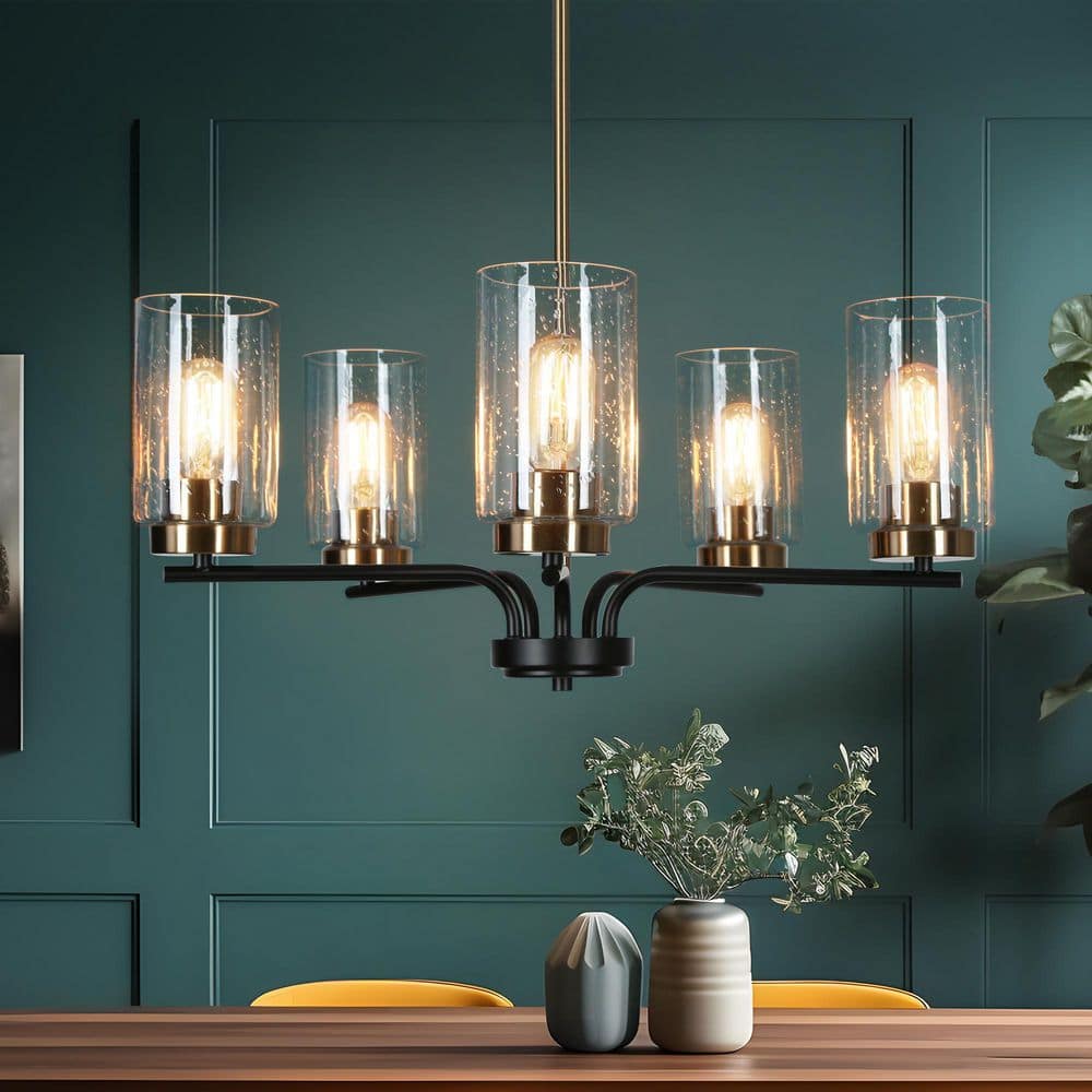 Transitional 24 in. 5-Light Brass and Black Candlestick Chandelier, Adjustable Dining Room Chandelier with Seeded Glass price history on PriceWatchPro
