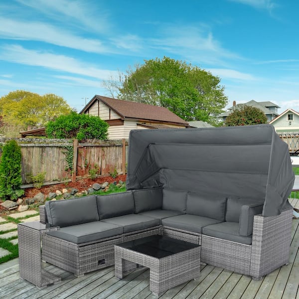 Nestfair Gray Wicker Outdoor Sectional Set with Gray Cushions and Retractable Canopy