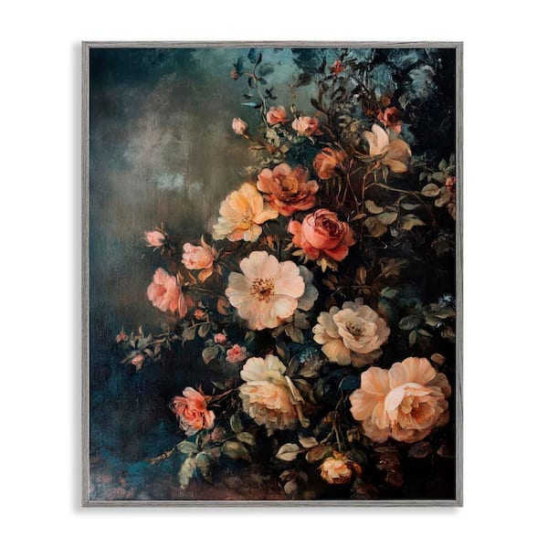 Stupell Industries Dark Rose Florals by Petal Prints Design Gray Framed Nature Giclee Art Print 20 in. x 16 in.
