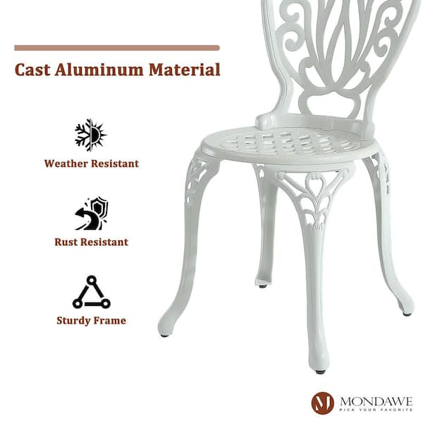 3-Piece White Cast Aluminum Round Table Outdoor Furniture Standard Height Bistro Set for Patio, Yard