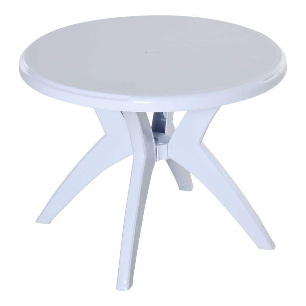 ITOPFOX White Round Plastic Patio Table with Umbrella Hole Outdoor