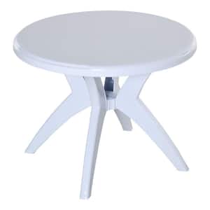 White Round Plastic Patio Table with Umbrella Hole Outdoor Bistro Garden Dining Table for Bar Decor Backyard and Yard
