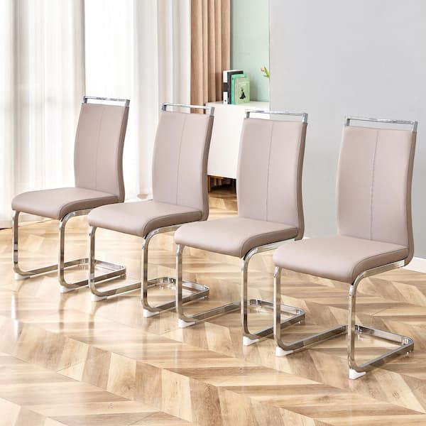 Polibi Modern Champagne PU Leather High Back Upholstered Side Chair,Dining Chair with C-shaped Tube Black Metal Legs(Set of 4)