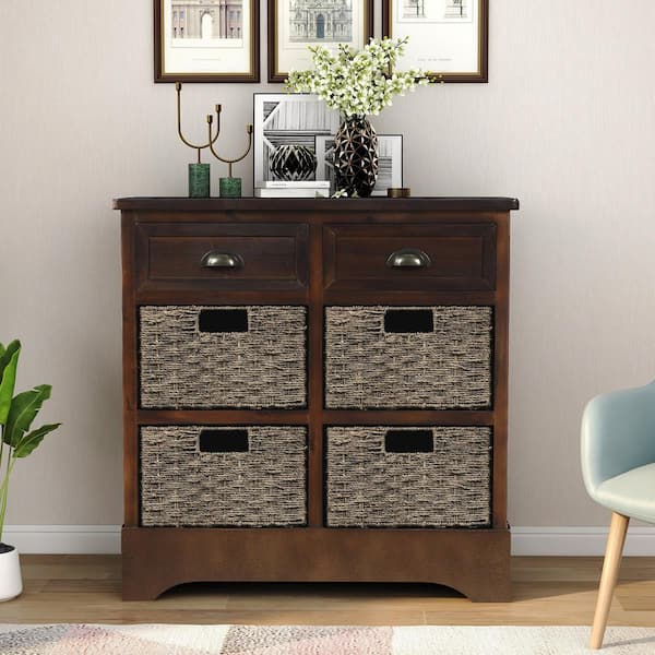 CSC DECOR INC Espresso 28 in. H Rustic Storage Cabinet with Two Drawers and Four Classic Rattan Basket for Dining Room Living Room