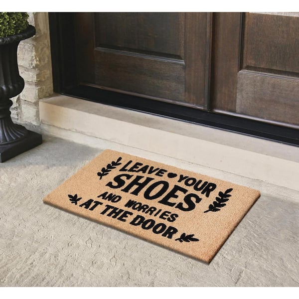 A1HC Leave Your Shoes Black 24 in. x 36 in. Natural Coir Heavy Duty Non Slip PVC Backing Outdoor Welcome Mat