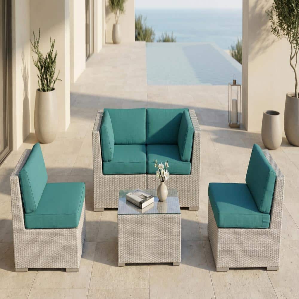 Gray 5-Piece Wicker Patio Seating Set with Sunbrella Aruba Cushions