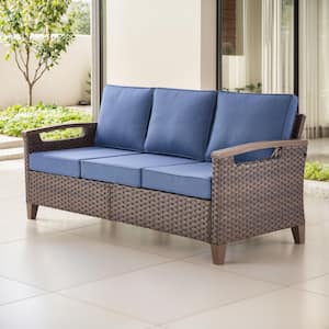 Light luxury Series Brown Wicker Outdoor Patio Couch Sofa with Blue Cushion