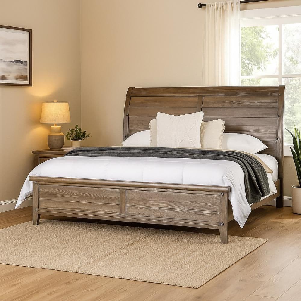 Merry Brown Wood Frame Queen Panel Bed with Transitional Panel Design