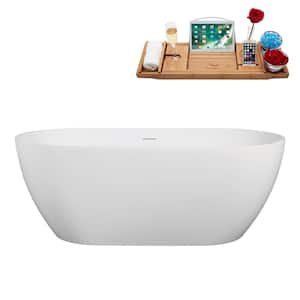 61 in. x 30 in. Acrylic Freestanding Soaking Bathtub in Glossy White With Brushed Brass Drain, Bamboo Tray