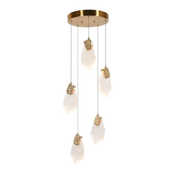LNC Marvinbell 5-Light dimmable Integrated LED Plating Brass Linear Chandelier with Irregular Textured Transparent Plate