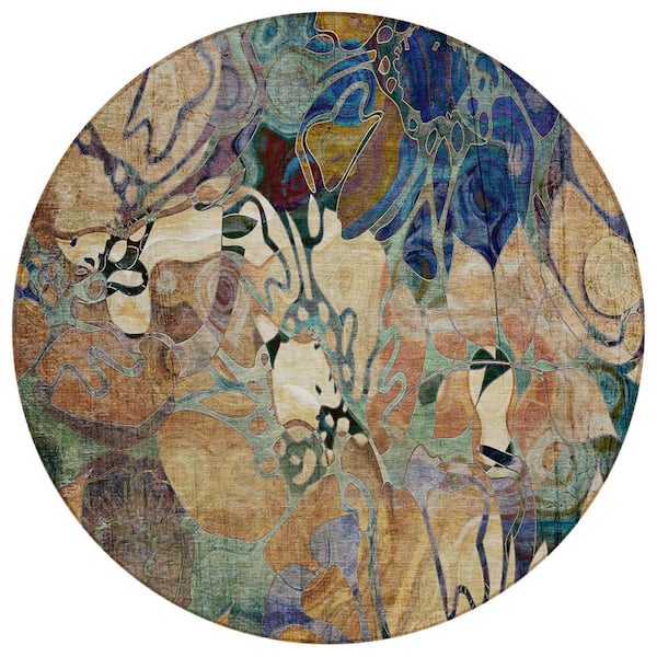Beige, Blue 8 ft. x 8 ft. Woven Abstract Polyester Round Indoor / Outdoor Area Rug