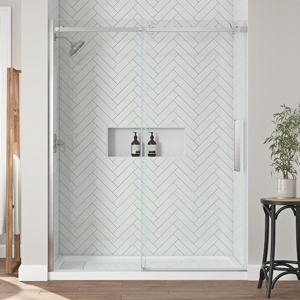 Home Decorators Collection Waverly 60 in. W x 75.98 in. H Sliding Frameless Shower Door in Brushed Nickel Finish with Clear Glass