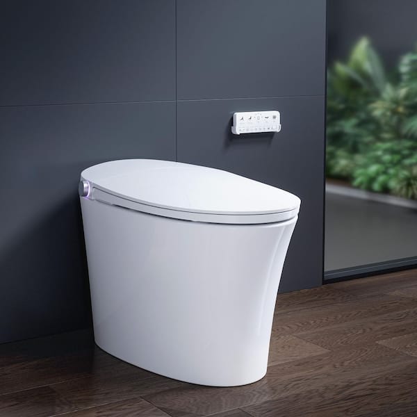 Elongated ADA Chair Height 1/1.14 GPF Smart Bidet Toilet in White with Build-in Tank, Water Pump, Heated Seat, UV Light
