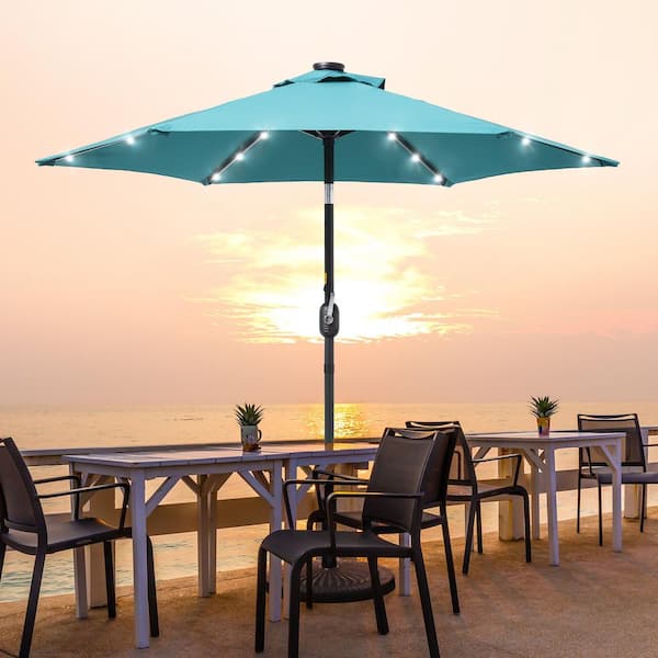 7.5 ft. LED Patio Market Crank and Tilt Umbrellas, Table Umbrellas, UV-Resistant Canopy in Lake Blue