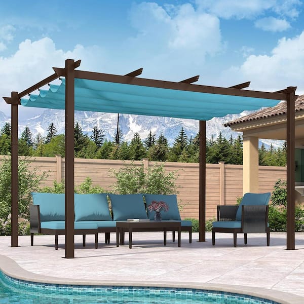 PURPLE LEAF 10 ft. x 13 ft. Turquoise Blue Metal Outdoor Retractable Pergola with Shade Canopy Cover for Beach Deck Gazebo