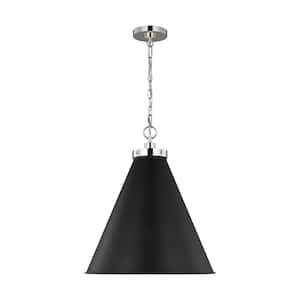 Wellfleet 19.5 in. W x 22.625 in. H 1-Light Midnight Black/Polished Nickel Large Cone Pendant Light with Metal Shade