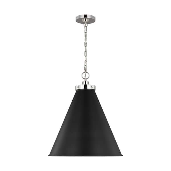 Generation Lighting Wellfleet 19.5 in. W x 22.625 in. H 1-Light Midnight Black/Polished Nickel Large Cone Pendant Light with Metal Shade