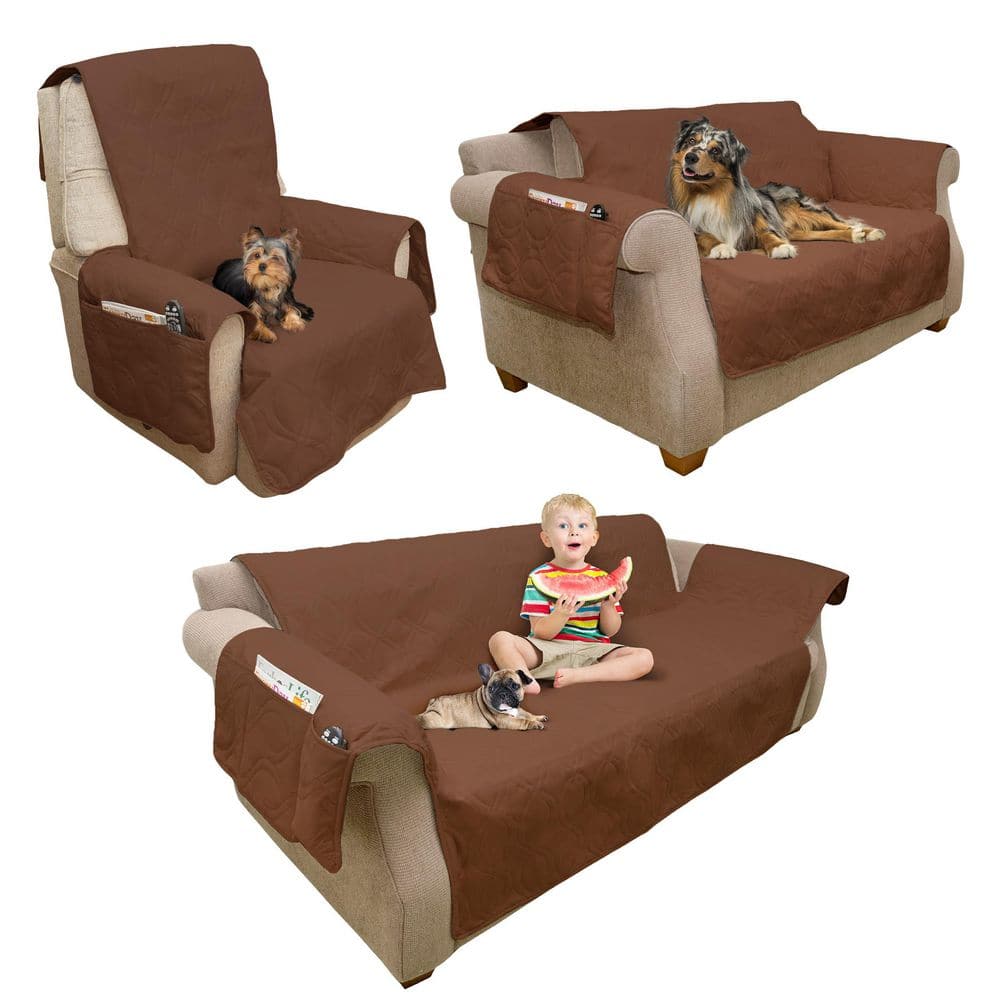 Brown Quilted Waterproof Pet Loveseat Cover with Pockets