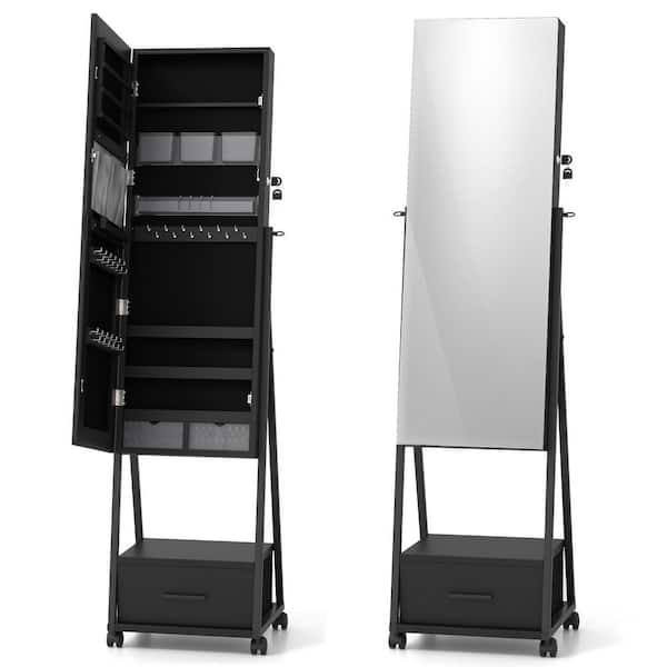 16.5 in. x 62 in. Black Freestanding Lockable MDF Jewelry Armoire with Full-Length Mirror and Drawer