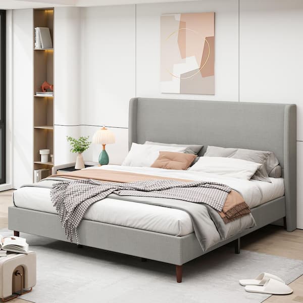 Tranlis Light Gray Upholstered Chenille Wood Frame King Size Platform Bed with High Headboard, Solid Wood Legs