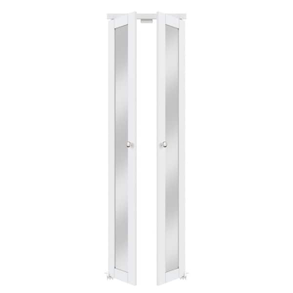 24 in. x 80 in. Mirrored Glass Solid Core MDF Bi-fold Door Plus French Style Pivot Hardware (1-Lite White Finish)