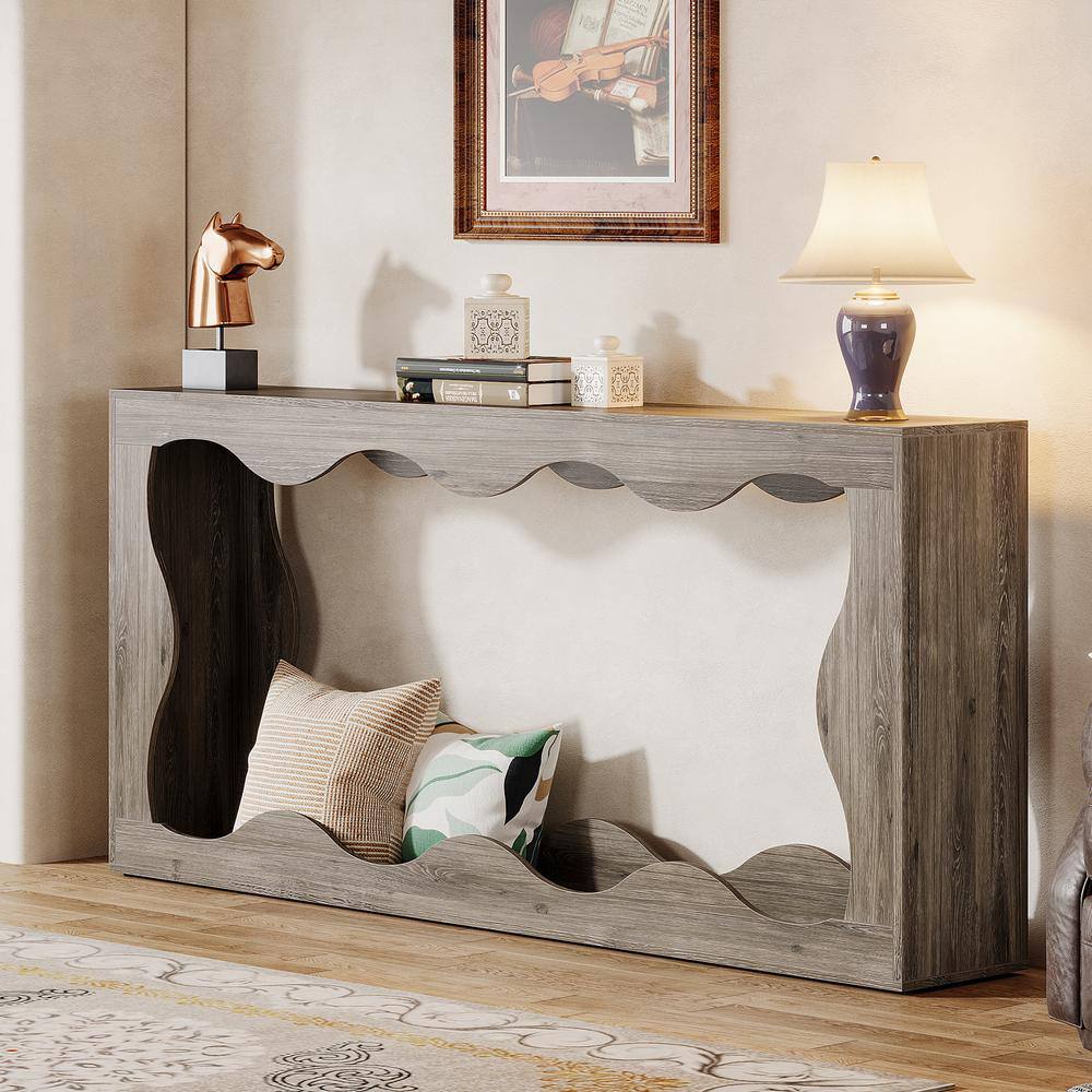 Turrella 63 in. Gray Console Tables, Rectangle Farmhouse Wood Console Table with Pedestal for Living Room