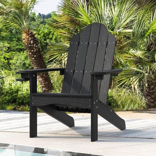 LUE BONA Black Adirondack Chairs with Cup Holder for Fire Pit and Garden
