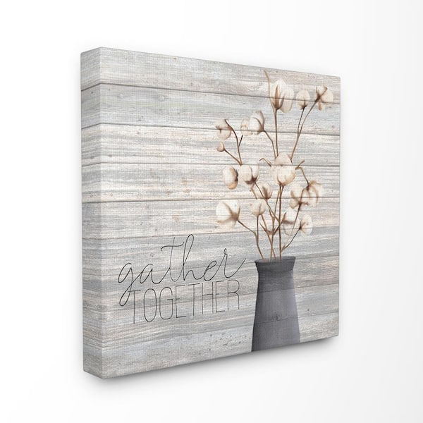 Stupell Industries 24 in. x 24 in. "Grey Gather Together Cotton Flowers in Vase" by Kimberly Allen Canvas Wall Art