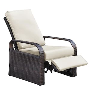 Brown Wicker Outdoor Recliner with Beige Cushions