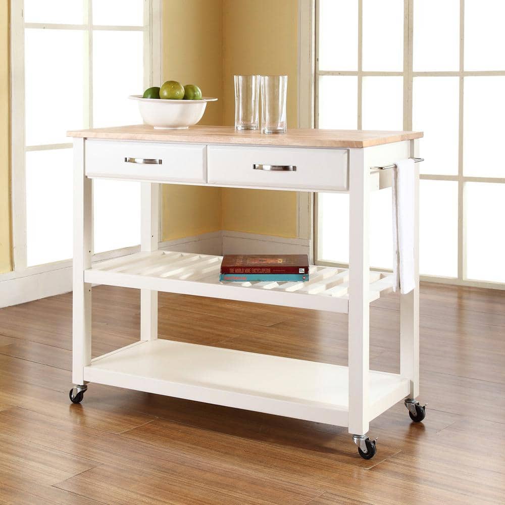 White and Natural Light Wood Kitchen Cart with Wine Rack