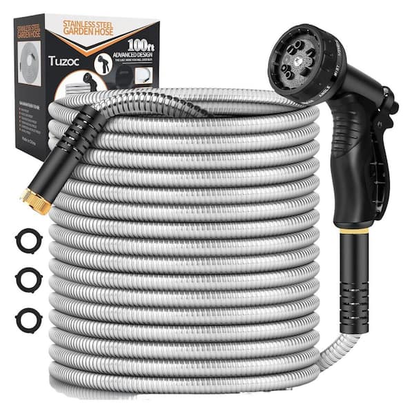 3/4 in dia. x 100 ft. Stainless Steel Heavy Duty Water Hose With 10 Function Nozzle, No-Kink, Tough & Flexible, Sturdy