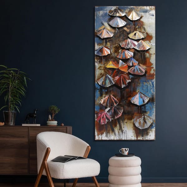 80 in. x 36 in. "Umbrellas" Mixed Media Iron Hand Painted Dimensional Wall Art