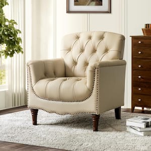 Elijah Traditional Beige Genuine Leather Button-tufted Armchair with Luxury Style and Solid Wood Legs