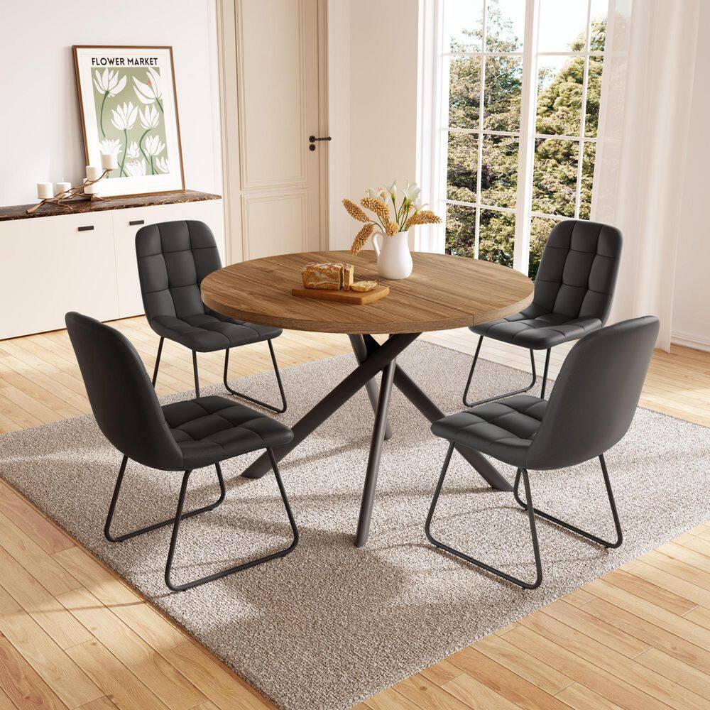 5-Piece Black Chairs and Round Walnut Dining Table, Dining Table Set with 4 PU Chairs