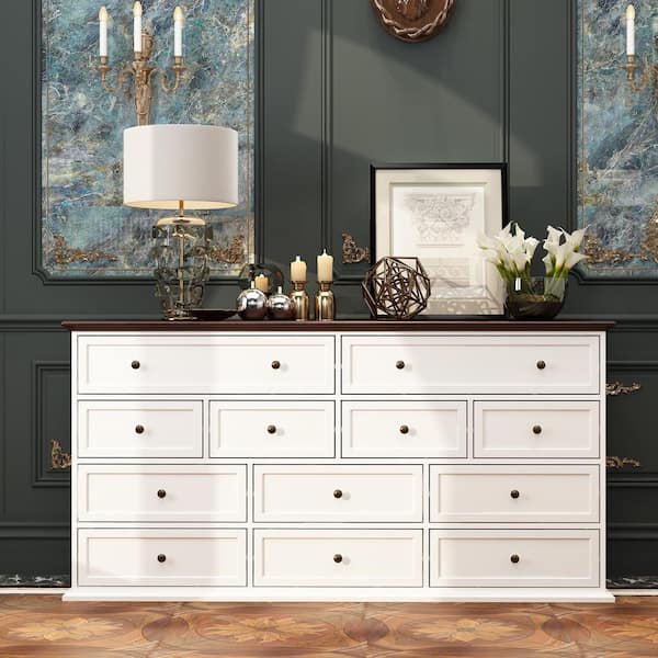 FUFU&GAGA White 12-Drawer Wood 61 in. W Chest of Drawer Vintage Style Sideboard Console Table