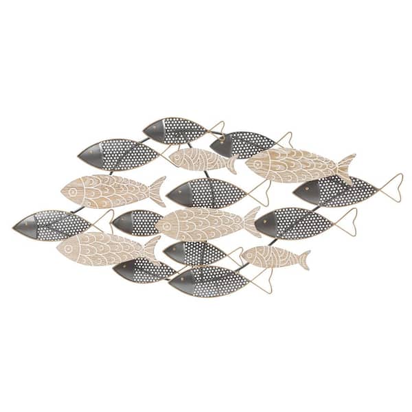 LuxenHome Metal and Wood School of Fish Black and Gold Wall Decor
