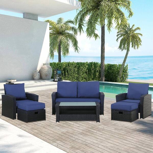 Unbranded 6-Piece Black Wicker Outdoor Furniture Sectional Sofa with Blue Cushion Glass Table Ottomans for Patio Poolside, Balcony