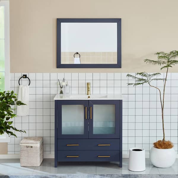 Brescia 36 in. W x 18 in. D x 36 in. H Single Sink Bathroom Vanity in Blue with White Ceramic Top and Mirror