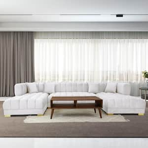 Victoria 141.8 in. Square Arm 3-Piece Modern U-Shaped Velvet Sectional Sofa in Ivory