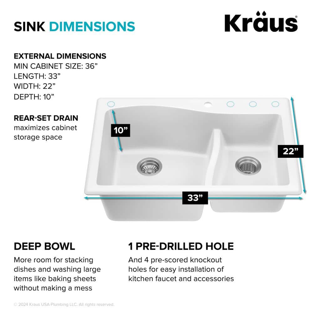 White Granite 33" Dual Bowl Drop-In Kitchen Sink