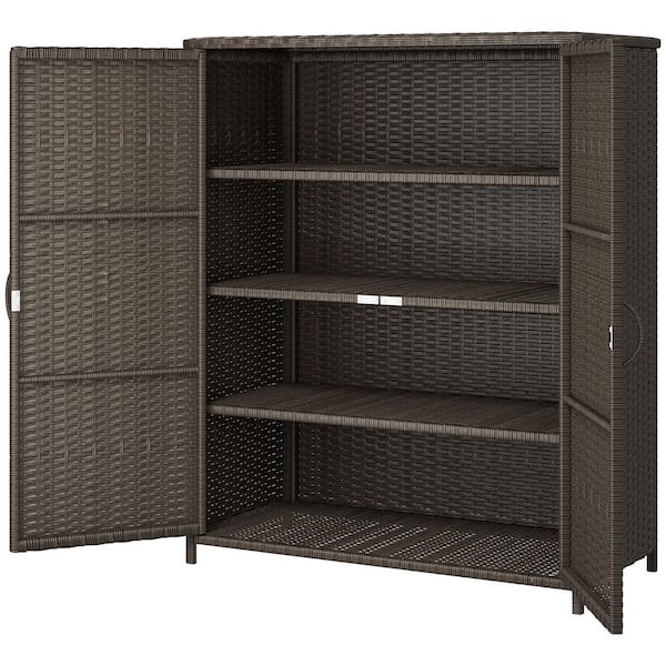 33 in. W x 16 in. D x 40 in. H Coffee Wicker Outdoor Storage Cabinet with Shelves 4-Shelf Outdoor Pool Towel Storage