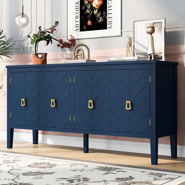 Navy Blue Wood 63 in. Sideboards with Four-Door, Geometric Line Patterns and Vintage Metal Handles