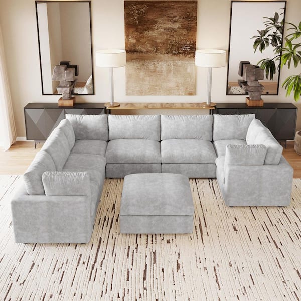 Sofa Covers Washable, 134 in. Square Arm Chenille U-shaped Modular Sofa with Ottoman, Solid Pine Wood Frame in Gray