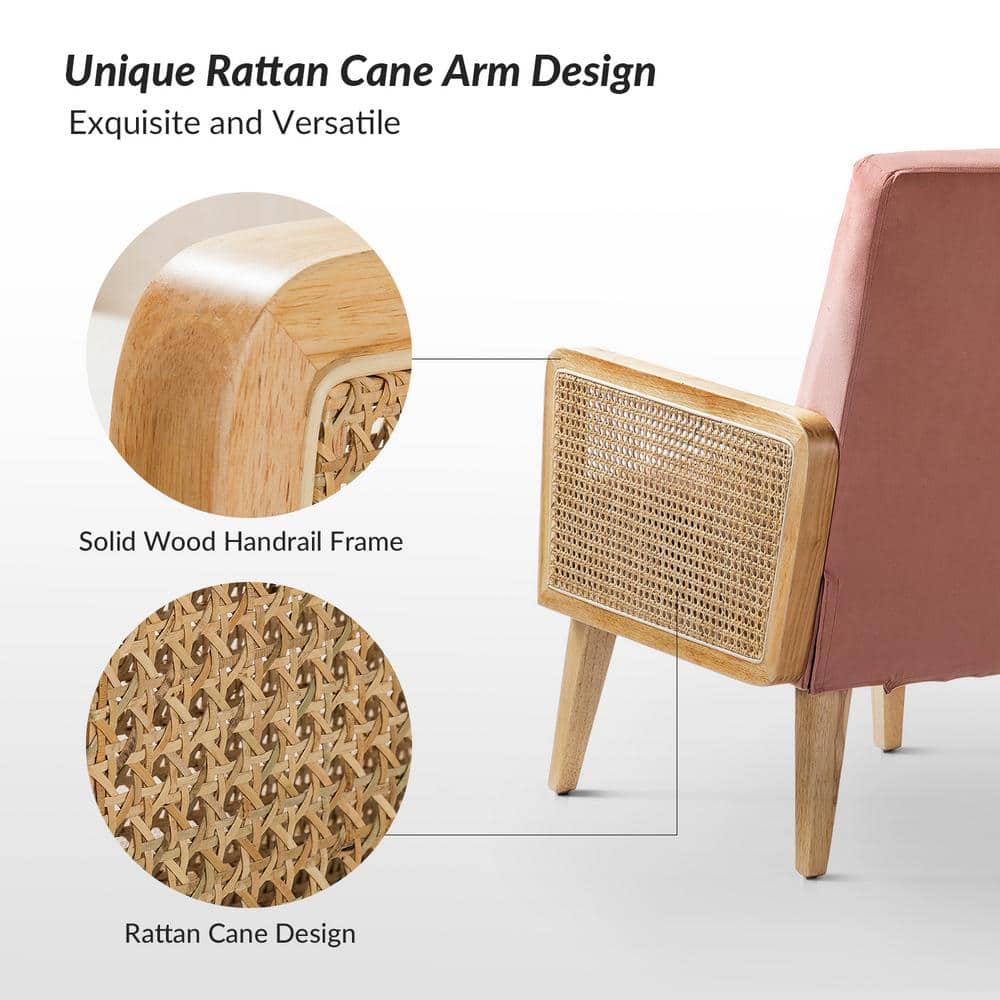 Bohemian Blush Velvet Handcrafted Accent Chair with Rattan Armrests